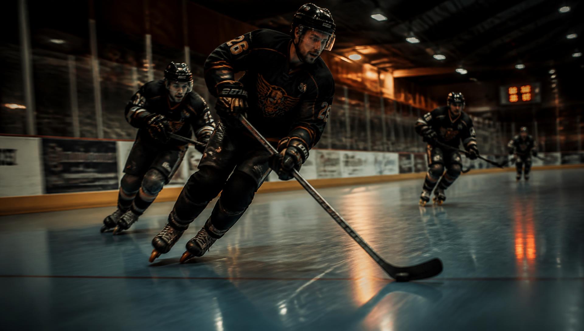 Jugadores de roller hockey en acción sobre la pista